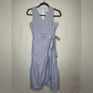 Laroque Women’s Faux Wrap Dress XS Striped V Neck Tie Belt Ruffle Hem Nautical